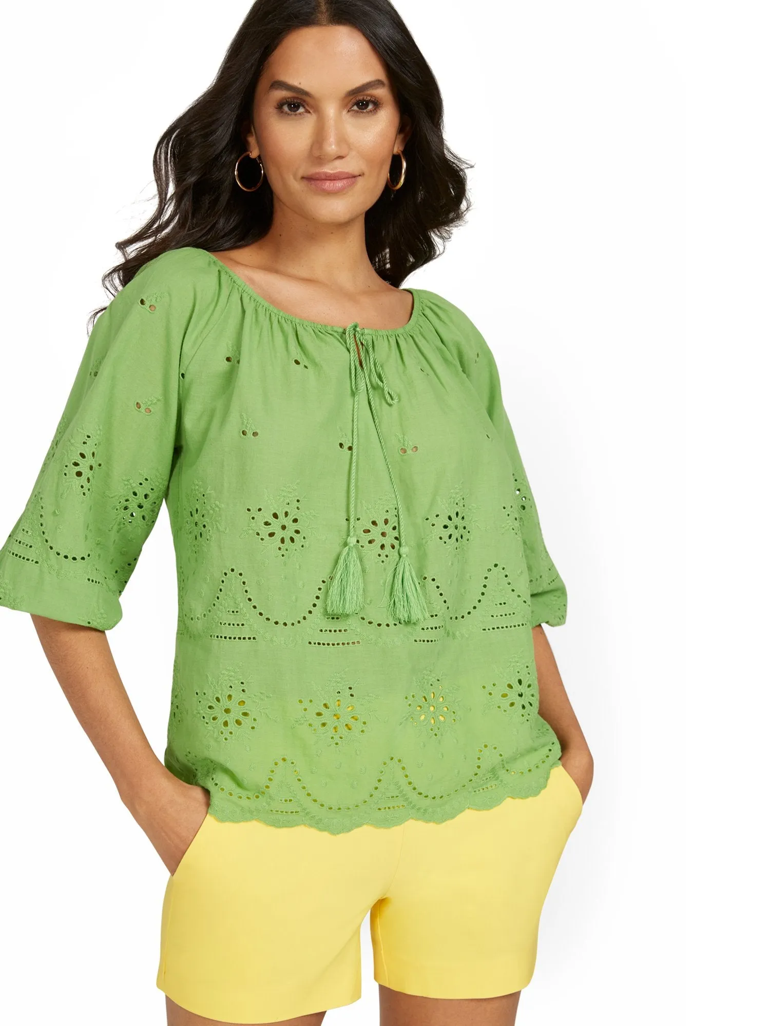 3/4-Sleeve Eyelet Top