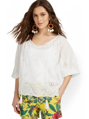 3/4-Sleeve Eyelet Top