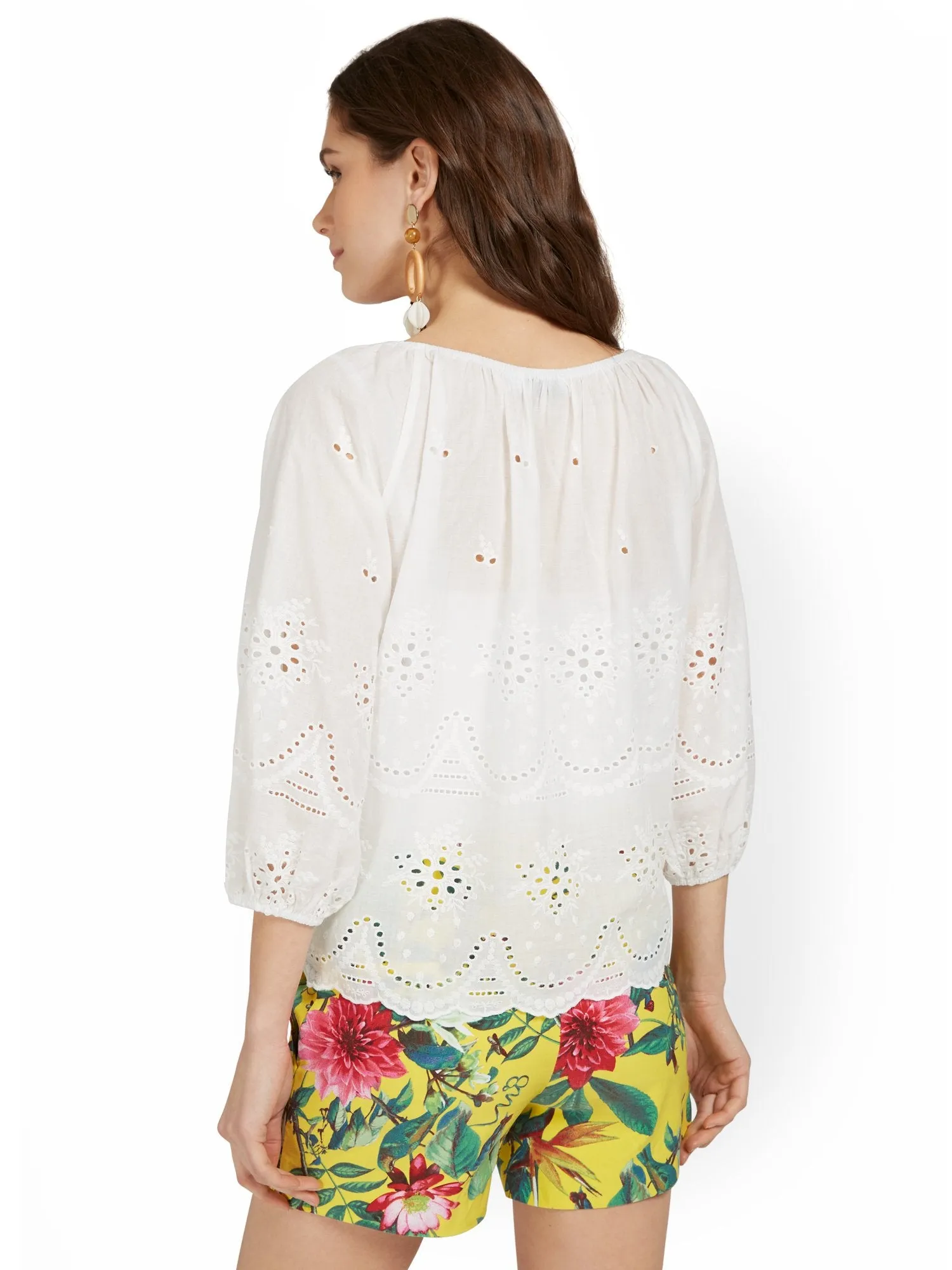 3/4-Sleeve Eyelet Top