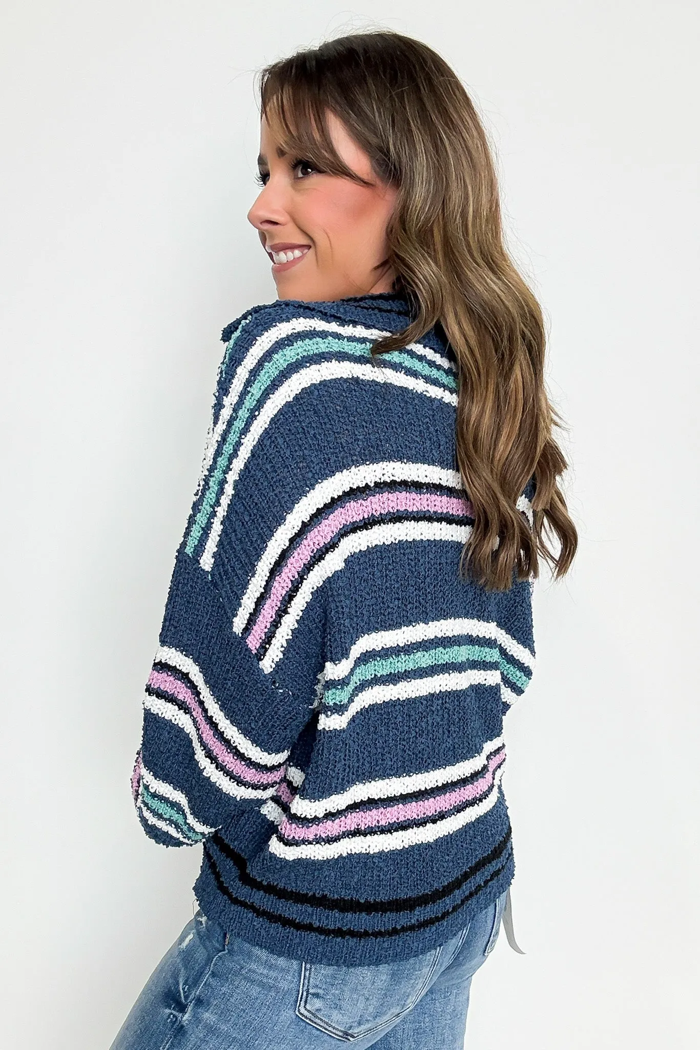 Adorable Mood Striped Collared Knit Top