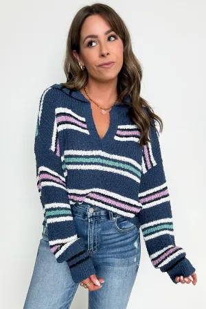 Adorable Mood Striped Collared Knit Top