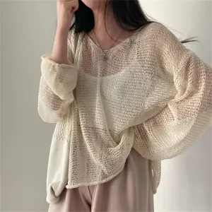 Aiertu Lazy Style Full Sleeves Jumpers Tops Hollow Out Sexy Women Fashion Casual Streetwear Chic Femme Sweaters Pullovers