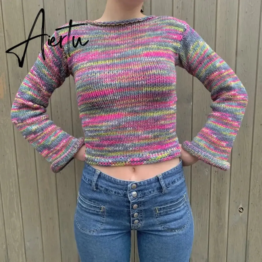 Autumn Winter 90s Vintage Knitted Sweaters Striped Crimping Cropped Pullovers Chic Women Kawaii Knitwear y2k Retro Streetwear