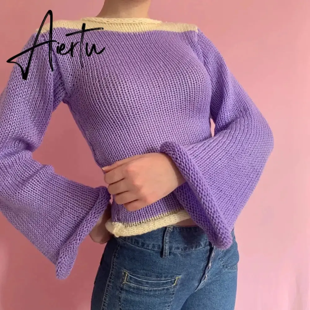 Autumn Winter 90s Vintage Knitted Sweaters Striped Crimping Cropped Pullovers Chic Women Kawaii Knitwear y2k Retro Streetwear