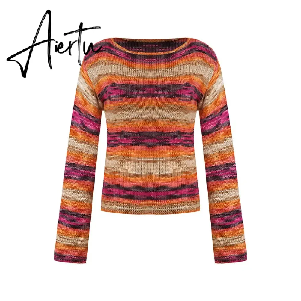 Autumn Winter 90s Vintage Knitted Sweaters Striped Crimping Cropped Pullovers Chic Women Kawaii Knitwear y2k Retro Streetwear