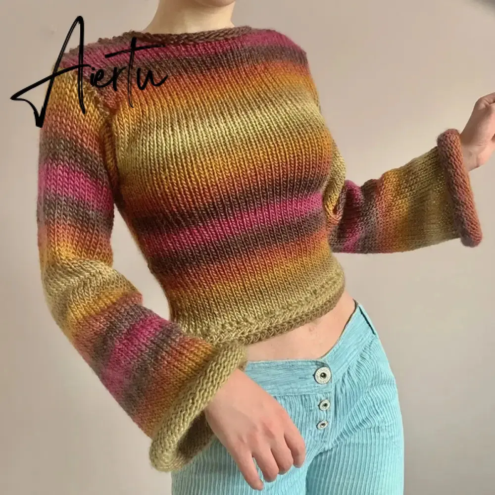 Autumn Winter 90s Vintage Knitted Sweaters Striped Crimping Cropped Pullovers Chic Women Kawaii Knitwear y2k Retro Streetwear
