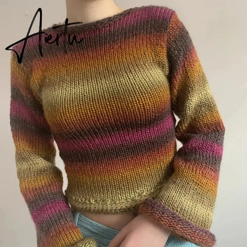 Autumn Winter 90s Vintage Knitted Sweaters Striped Crimping Cropped Pullovers Chic Women Kawaii Knitwear y2k Retro Streetwear