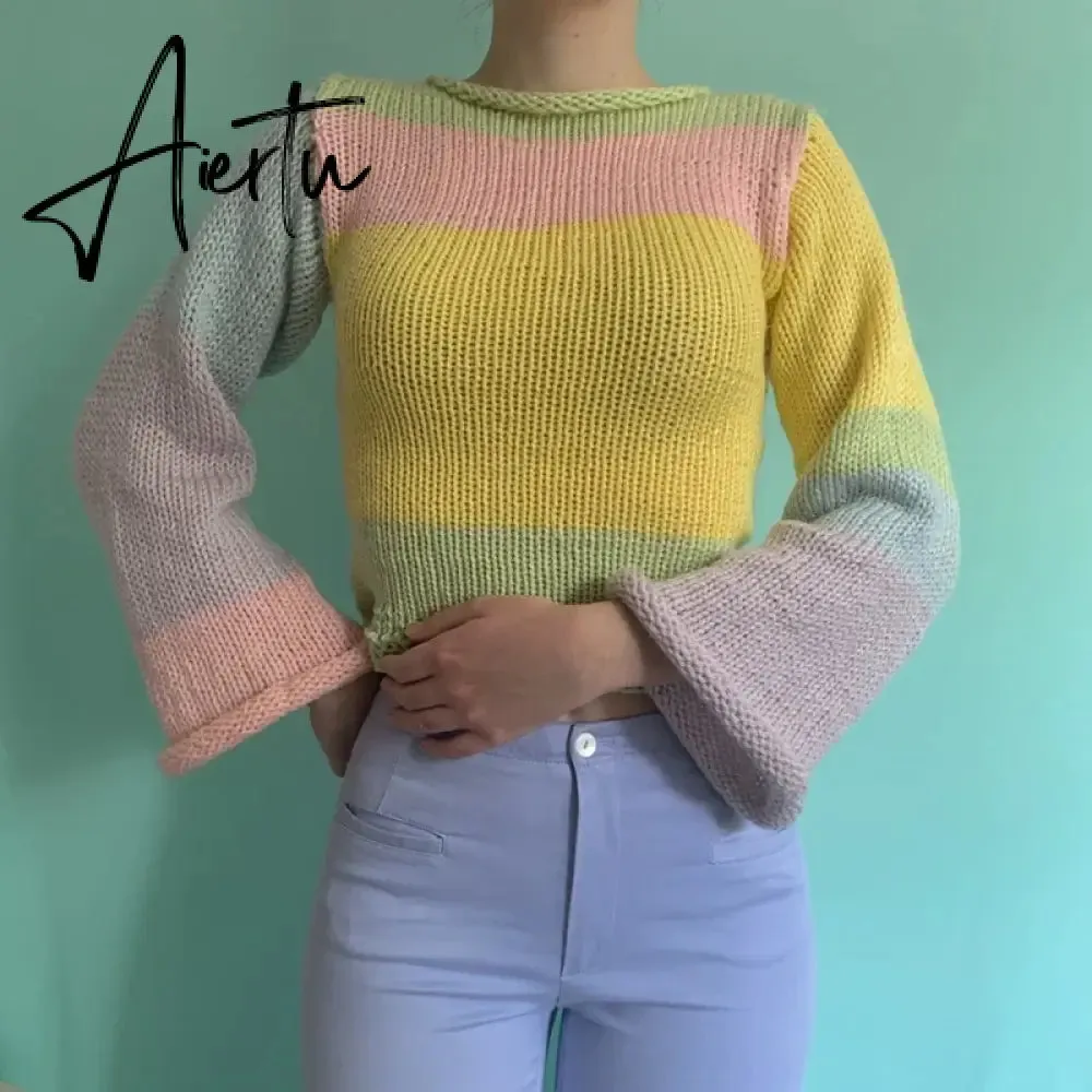 Autumn Winter 90s Vintage Knitted Sweaters Striped Crimping Cropped Pullovers Chic Women Kawaii Knitwear y2k Retro Streetwear