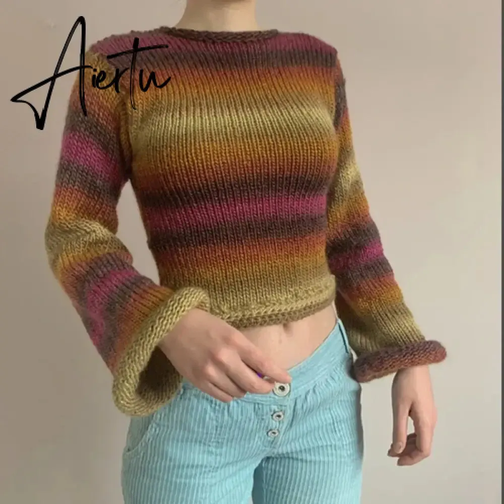 Autumn Winter 90s Vintage Knitted Sweaters Striped Crimping Cropped Pullovers Chic Women Kawaii Knitwear y2k Retro Streetwear