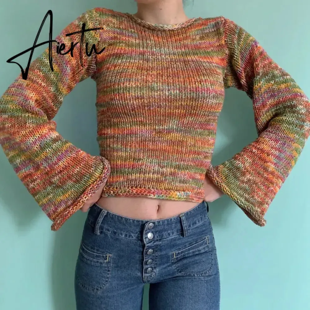 Autumn Winter 90s Vintage Knitted Sweaters Striped Crimping Cropped Pullovers Chic Women Kawaii Knitwear y2k Retro Streetwear