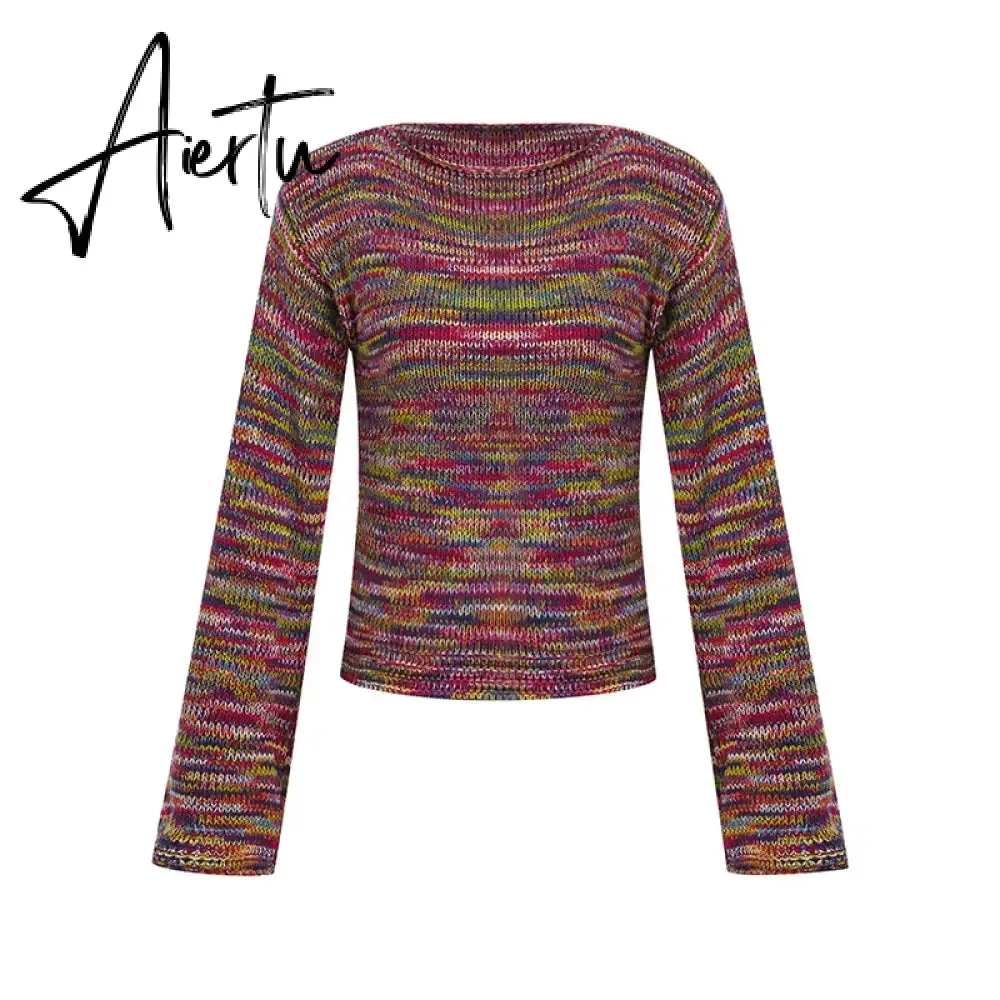 Autumn Winter 90s Vintage Knitted Sweaters Striped Crimping Cropped Pullovers Chic Women Kawaii Knitwear y2k Retro Streetwear