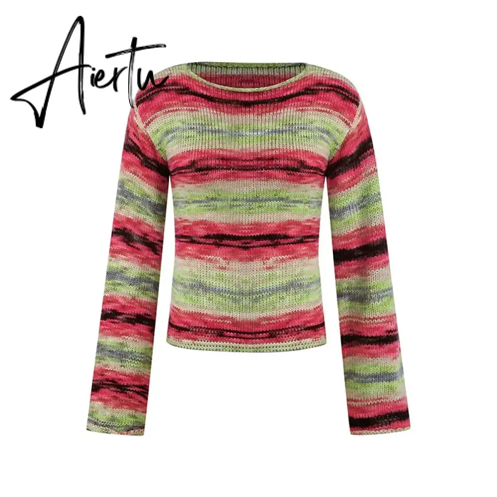 Autumn Winter 90s Vintage Knitted Sweaters Striped Crimping Cropped Pullovers Chic Women Kawaii Knitwear y2k Retro Streetwear