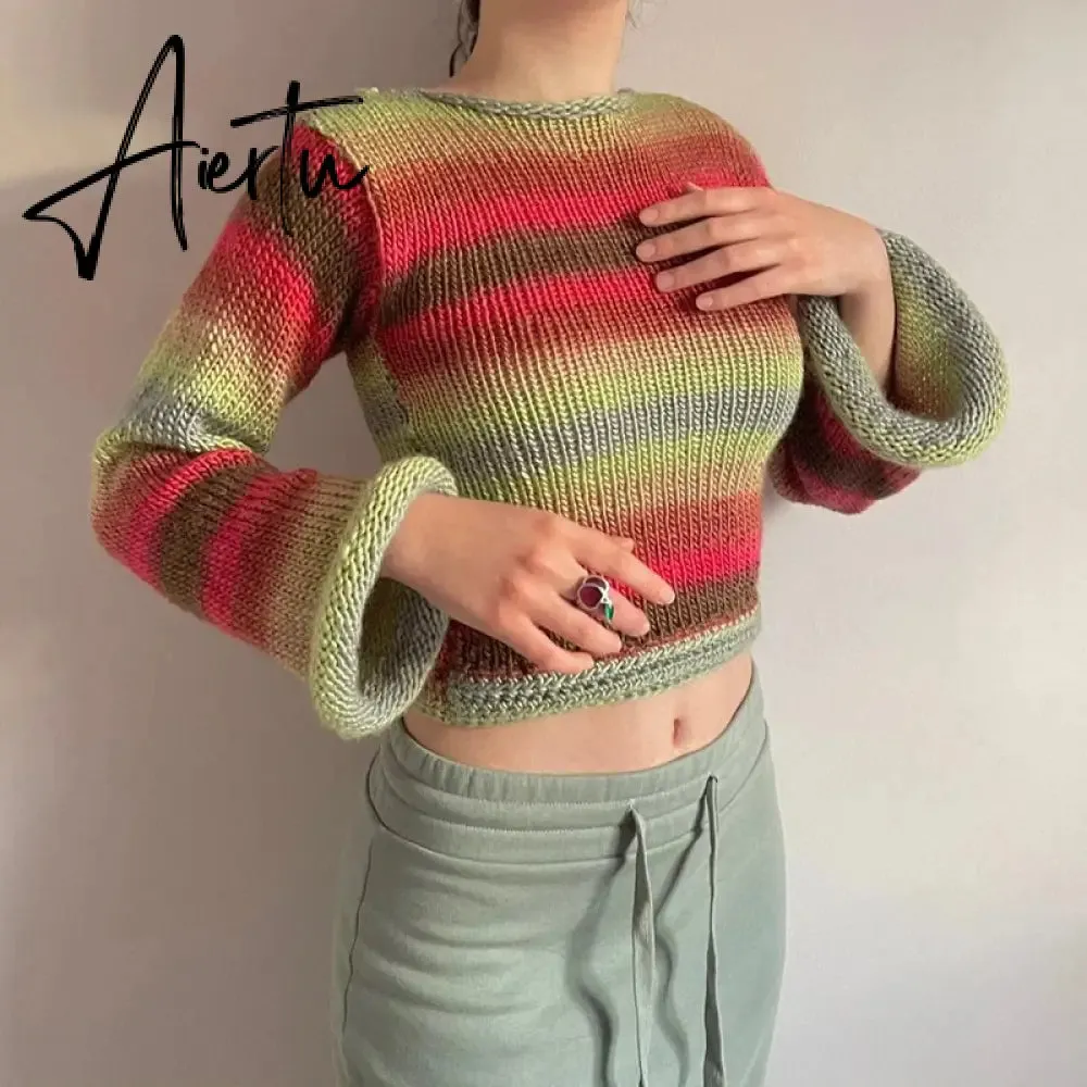Autumn Winter 90s Vintage Knitted Sweaters Striped Crimping Cropped Pullovers Chic Women Kawaii Knitwear y2k Retro Streetwear
