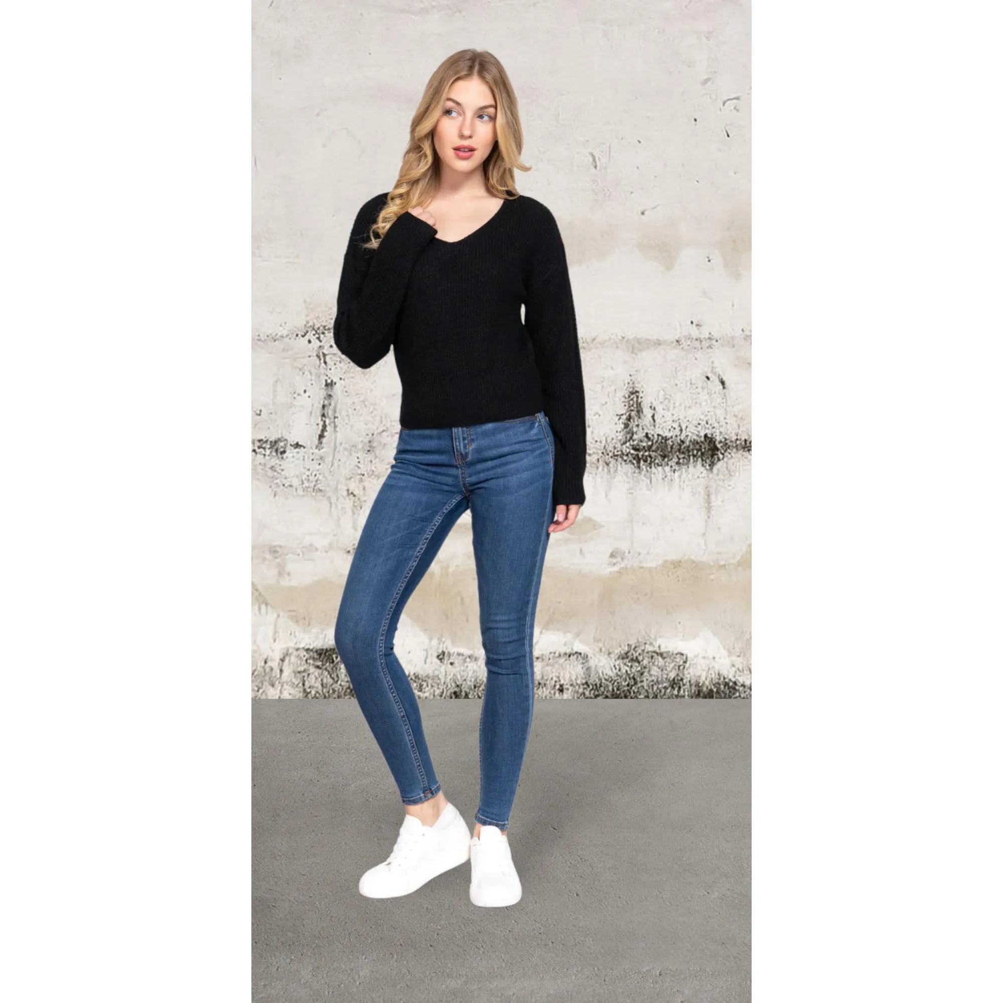 Black Dolman Sleeve Strappy Open Back Sweater
