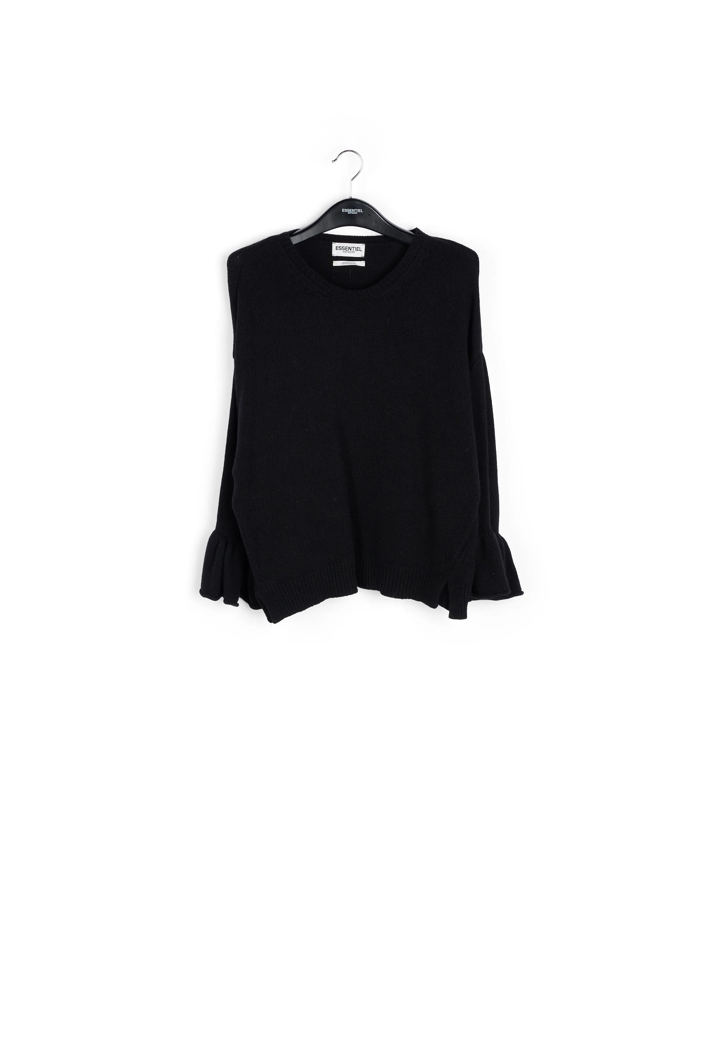 Black knit sweater with ruffled cuffs