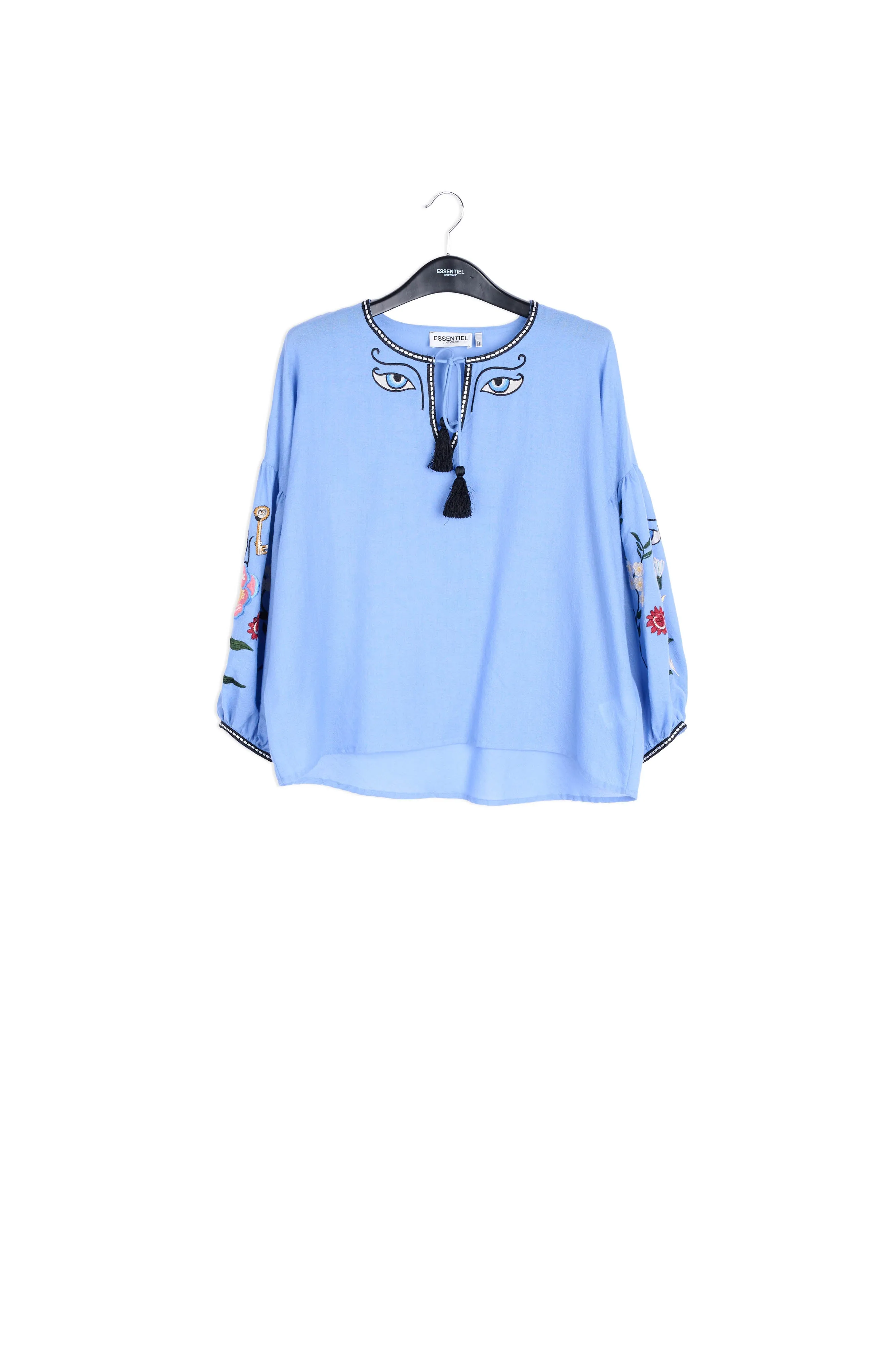 Blue airy embroidered wool top