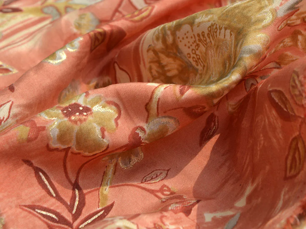 Bright Orange & Yellow Floral Premium Modal Chanderi Silk Fabric