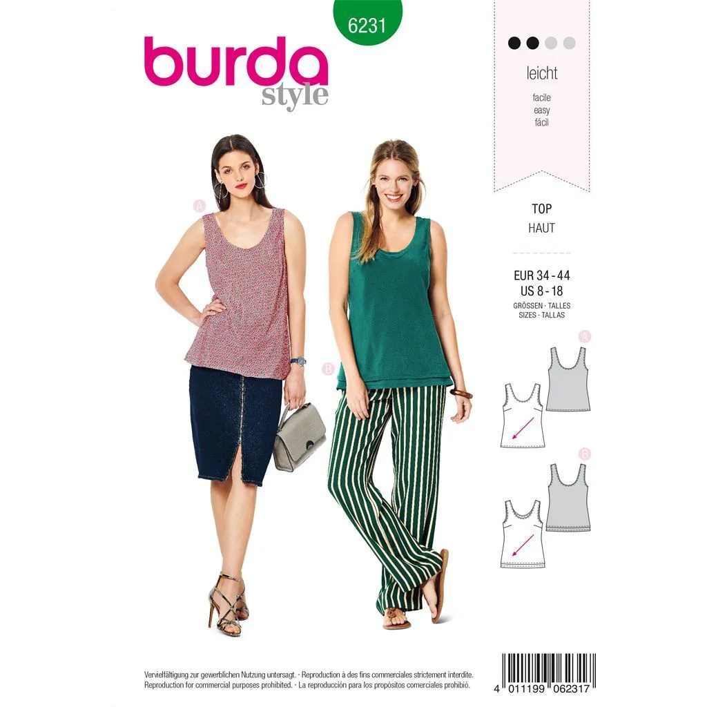 Burda Style Pattern 6231 Misses' Top with Rounded Neckline - Singe or Double Layer