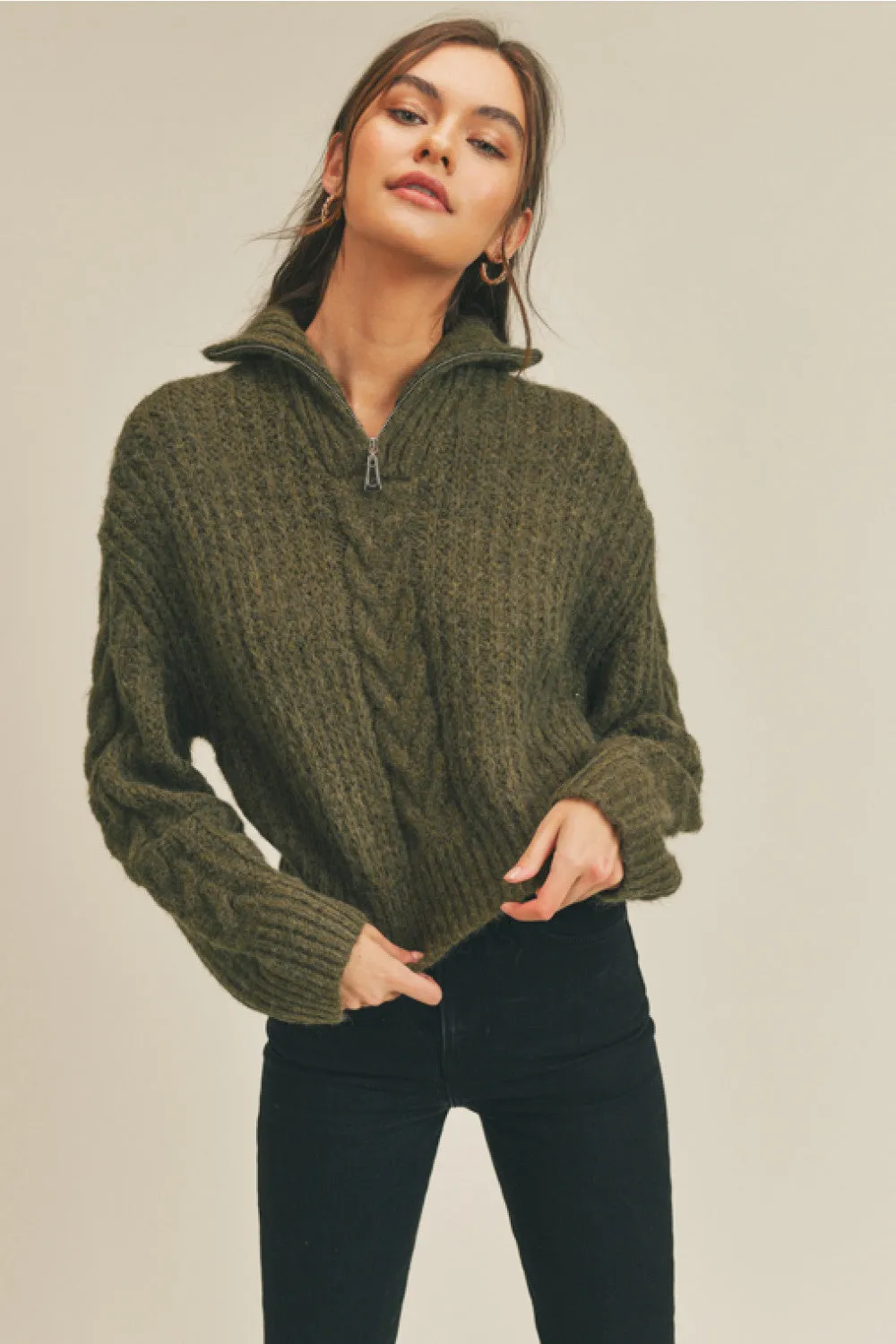 Cable Knit Half Zip Sweater (Moss)
