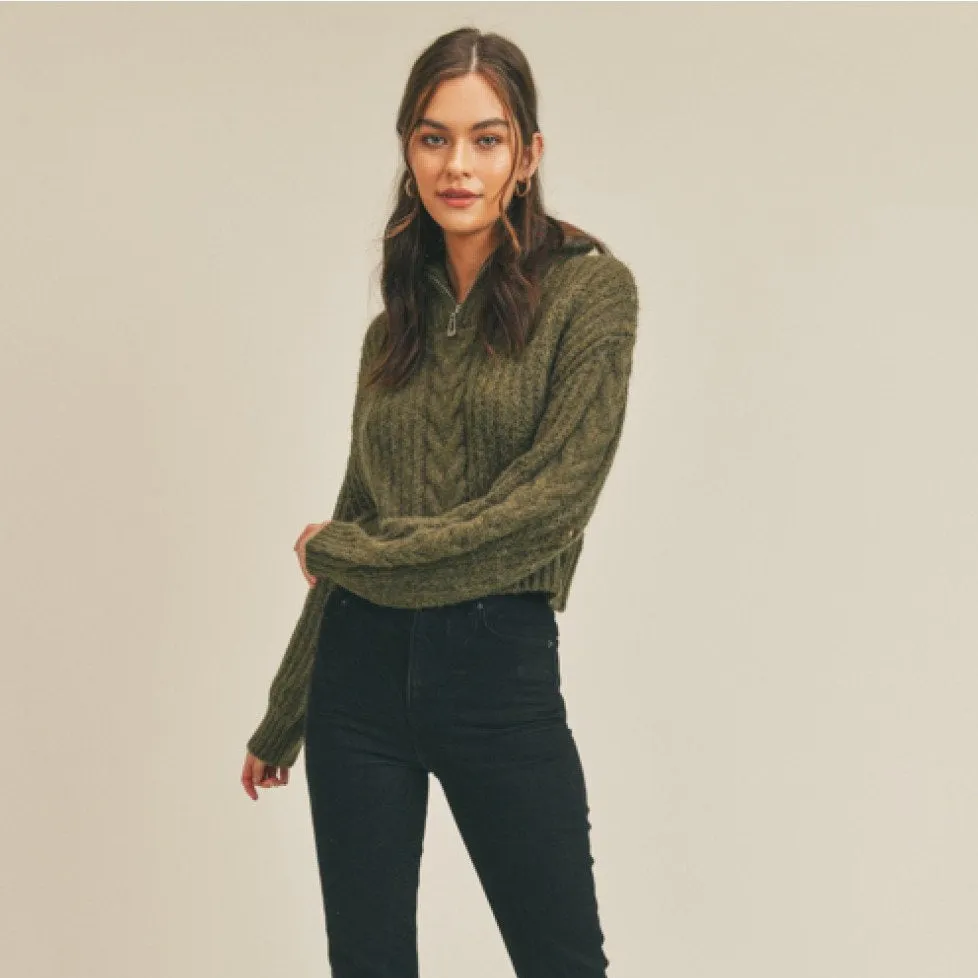 Cable Knit Half Zip Sweater (Moss)