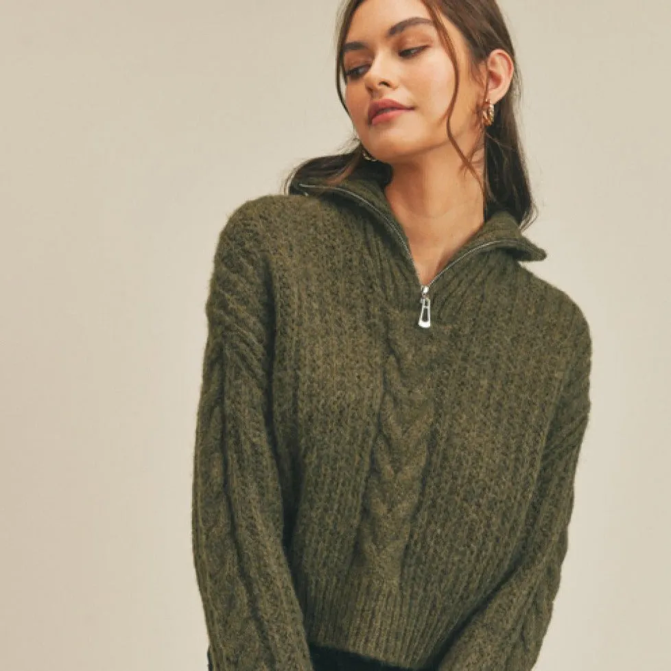 Cable Knit Half Zip Sweater (Moss)