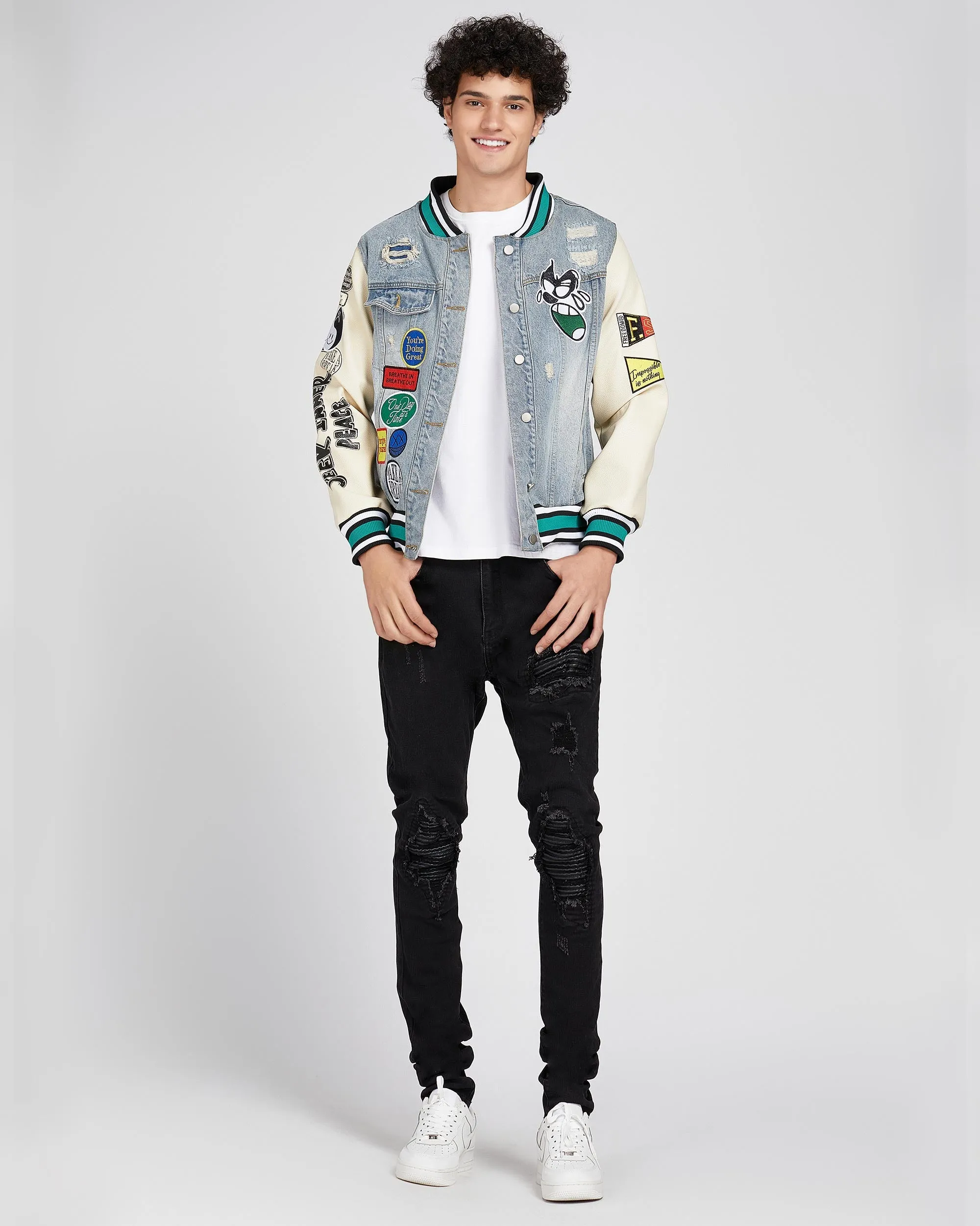 Cartoon Baseball Denim Jacket with Ripped & Repaired-Mexico Local Delivery