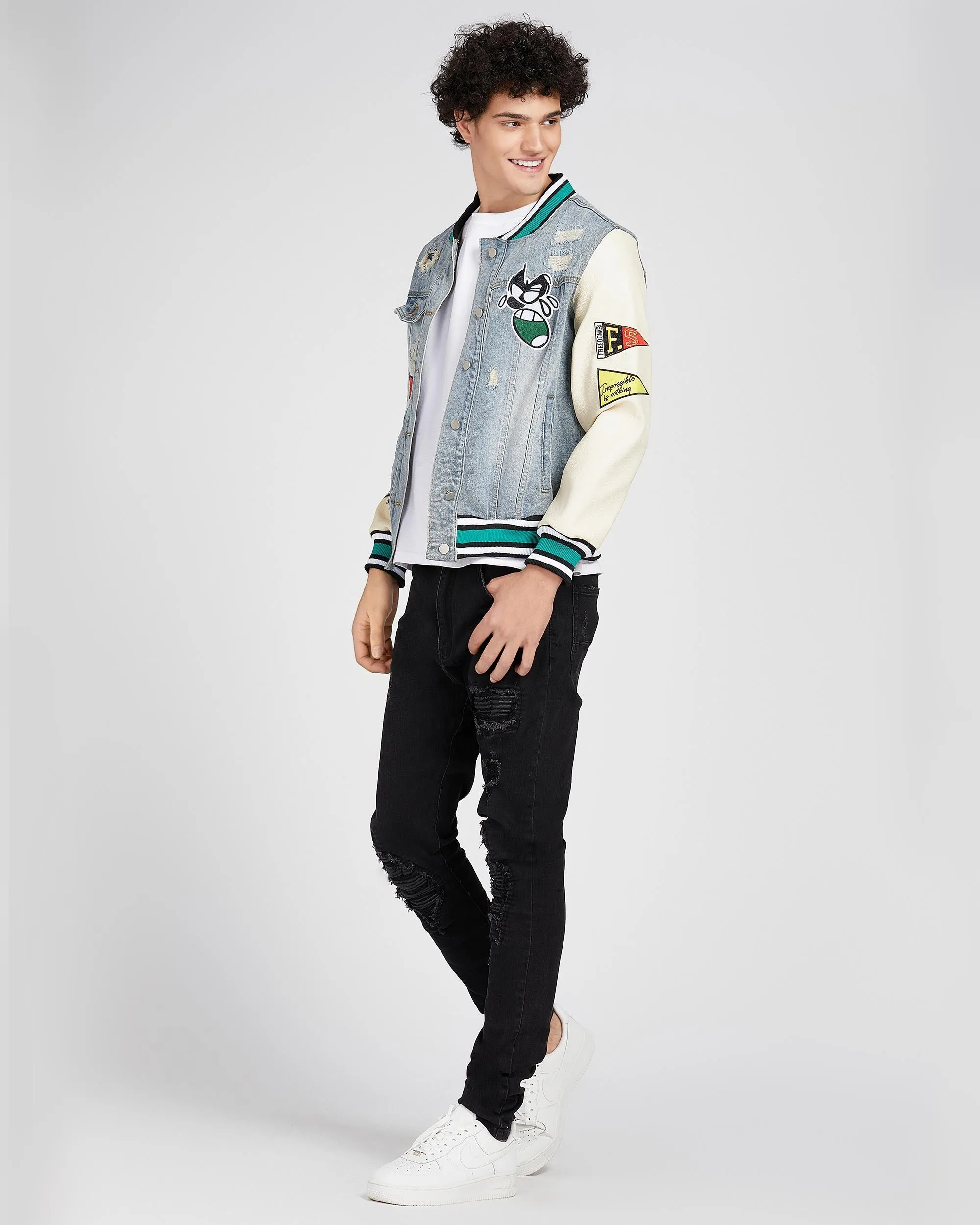 Cartoon Baseball Denim Jacket with Ripped & Repaired-Mexico Local Delivery
