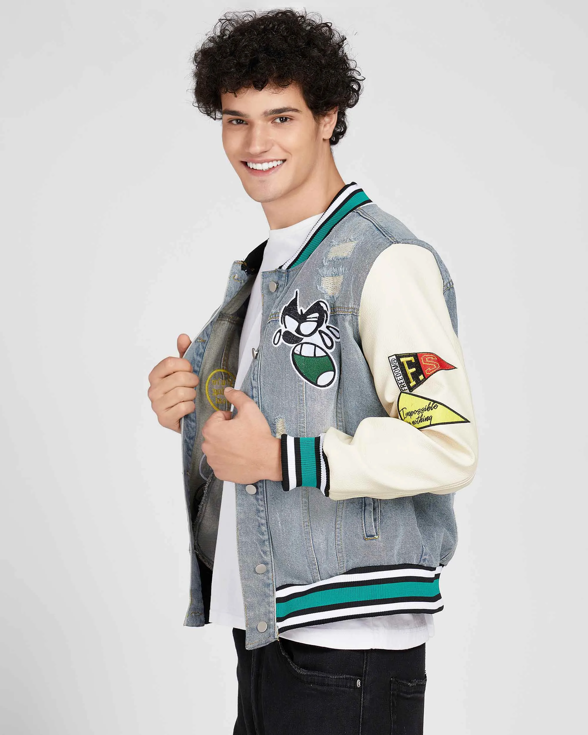 Cartoon Baseball Denim Jacket with Ripped & Repaired-Mexico Local Delivery