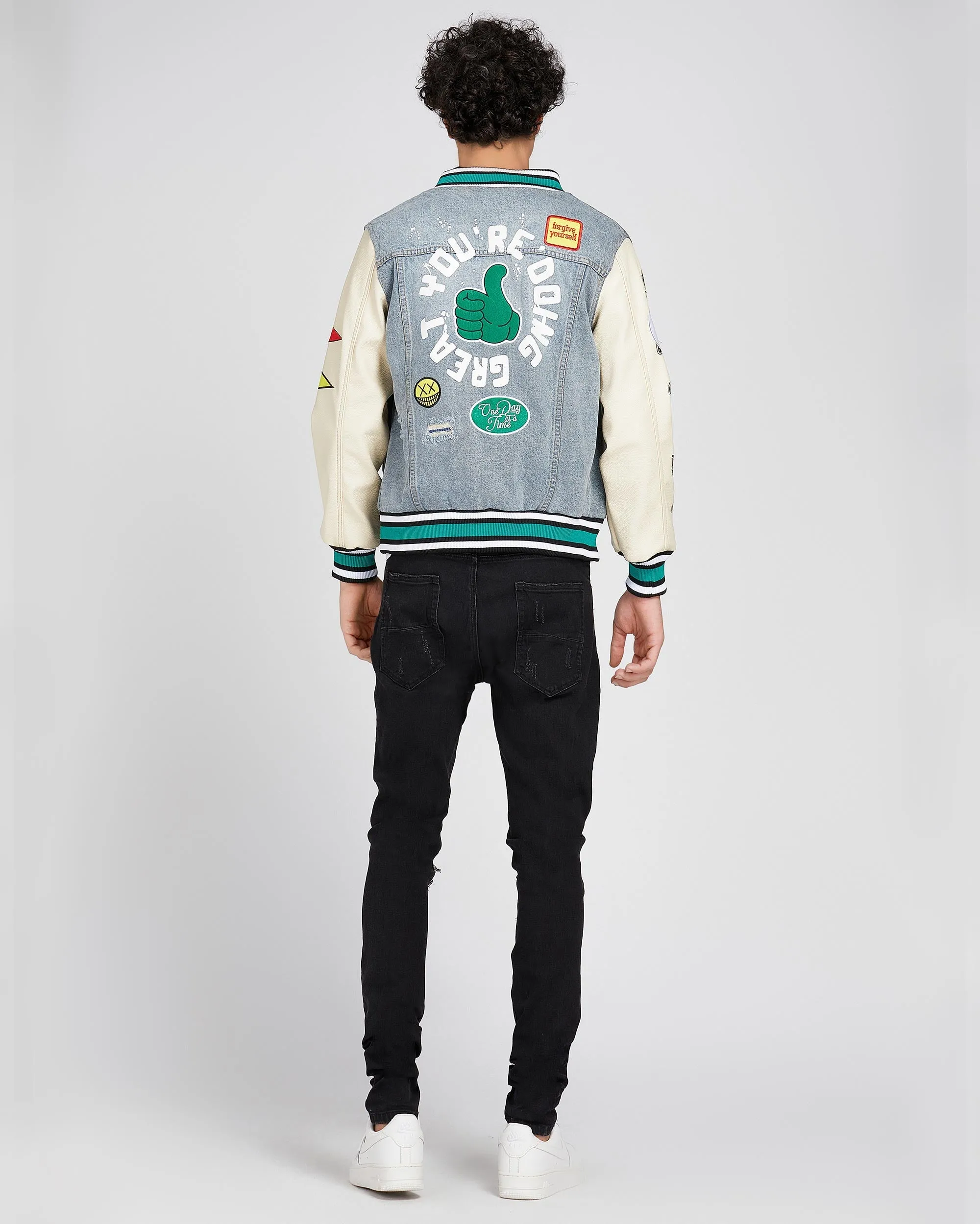 Cartoon Baseball Denim Jacket with Ripped & Repaired-Mexico Local Delivery