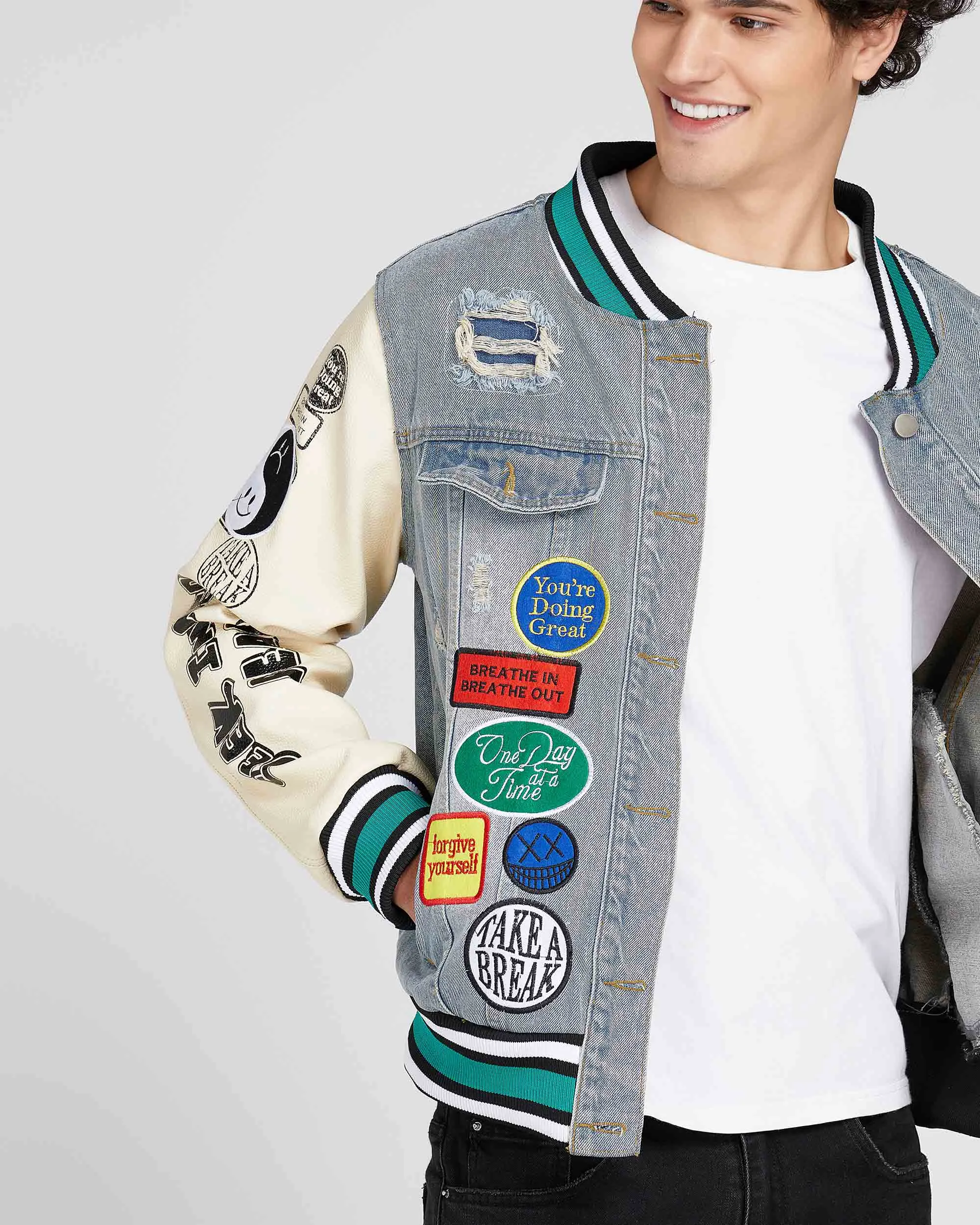 Cartoon Baseball Denim Jacket with Ripped & Repaired-Mexico Local Delivery