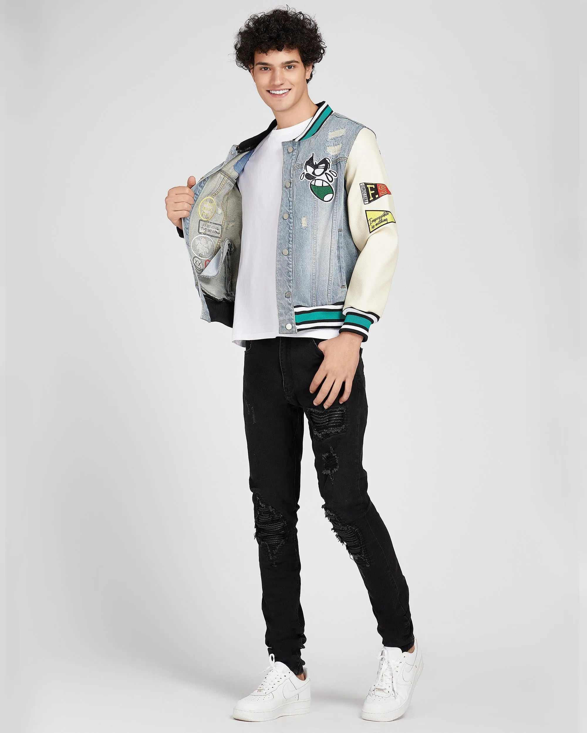 Cartoon Baseball Denim Jacket with Ripped & Repaired-Mexico Local Delivery