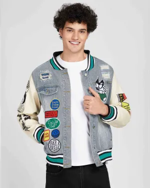 Cartoon Baseball Denim Jacket with Ripped & Repaired-Mexico Local Delivery