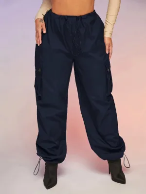 Casual Flap Pocket Drawstring Waist Parachute Cargo Pants