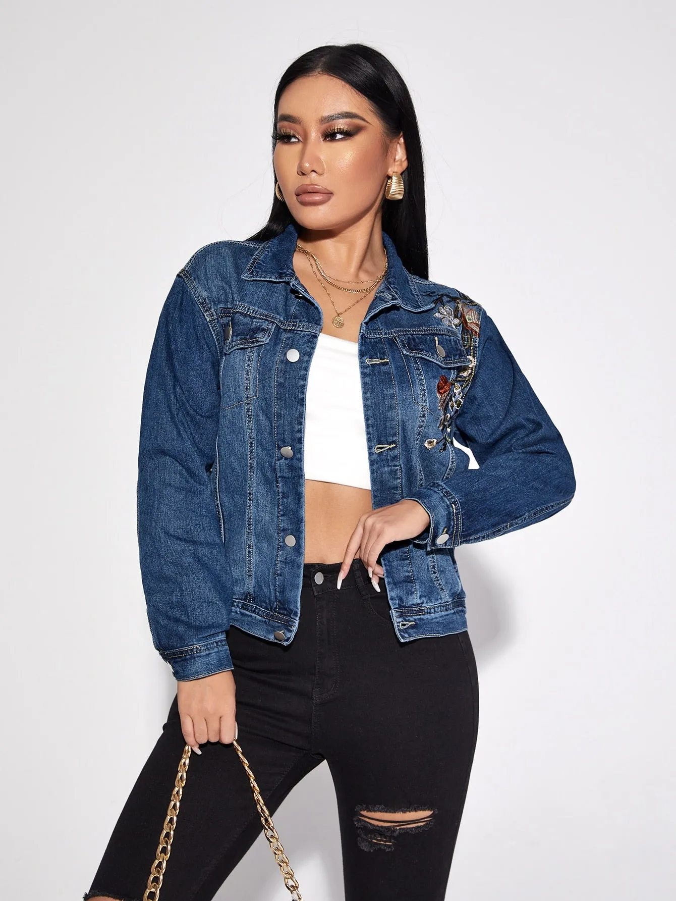 Casual Floral Button Long Sleeve Collar Regular Women Denim Jacket & Coat