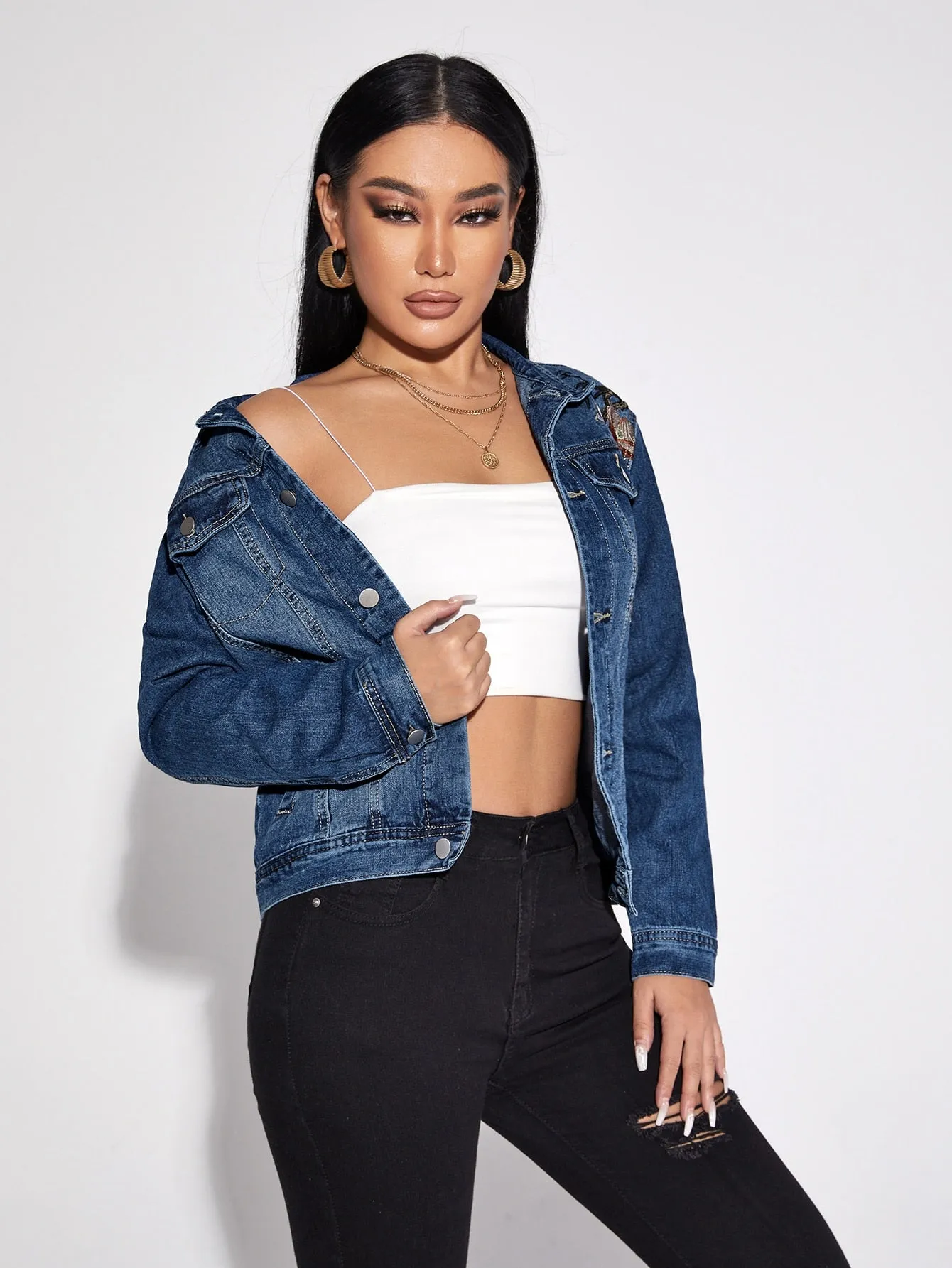 Casual Floral Button Long Sleeve Collar Regular Women Denim Jacket & Coat