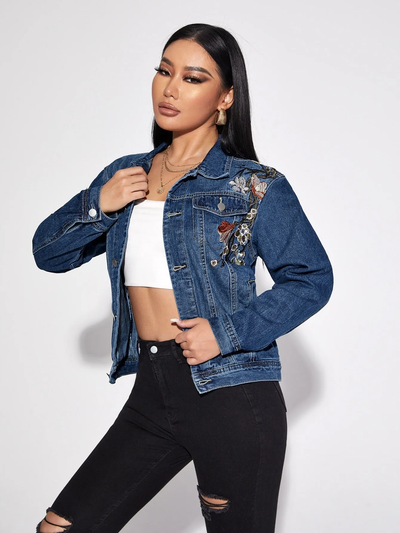 Casual Floral Button Long Sleeve Collar Regular Women Denim Jacket & Coat