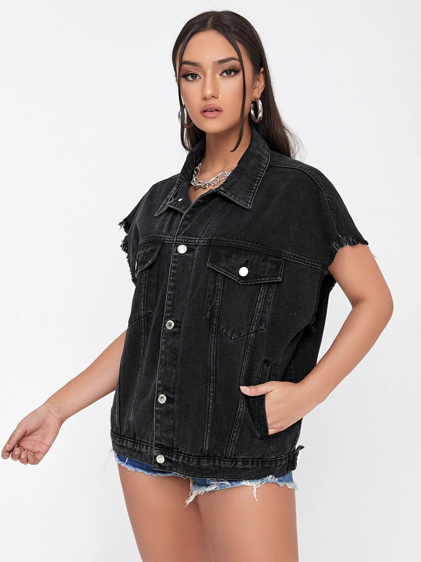 Casual Plain Button Front Sleeveless Collar Regular Women Denim Jacket & Coat