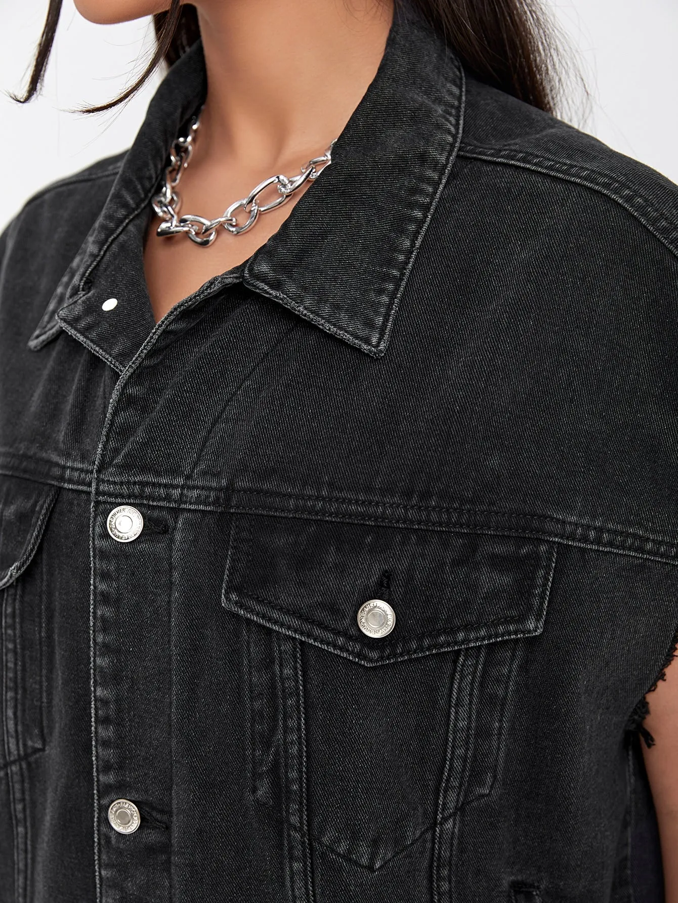 Casual Plain Button Front Sleeveless Collar Regular Women Denim Jacket & Coat