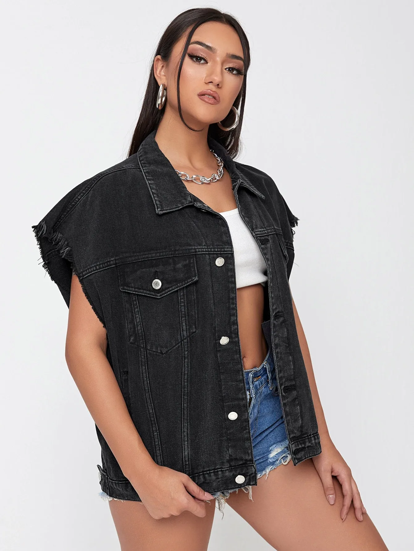 Casual Plain Button Front Sleeveless Collar Regular Women Denim Jacket & Coat
