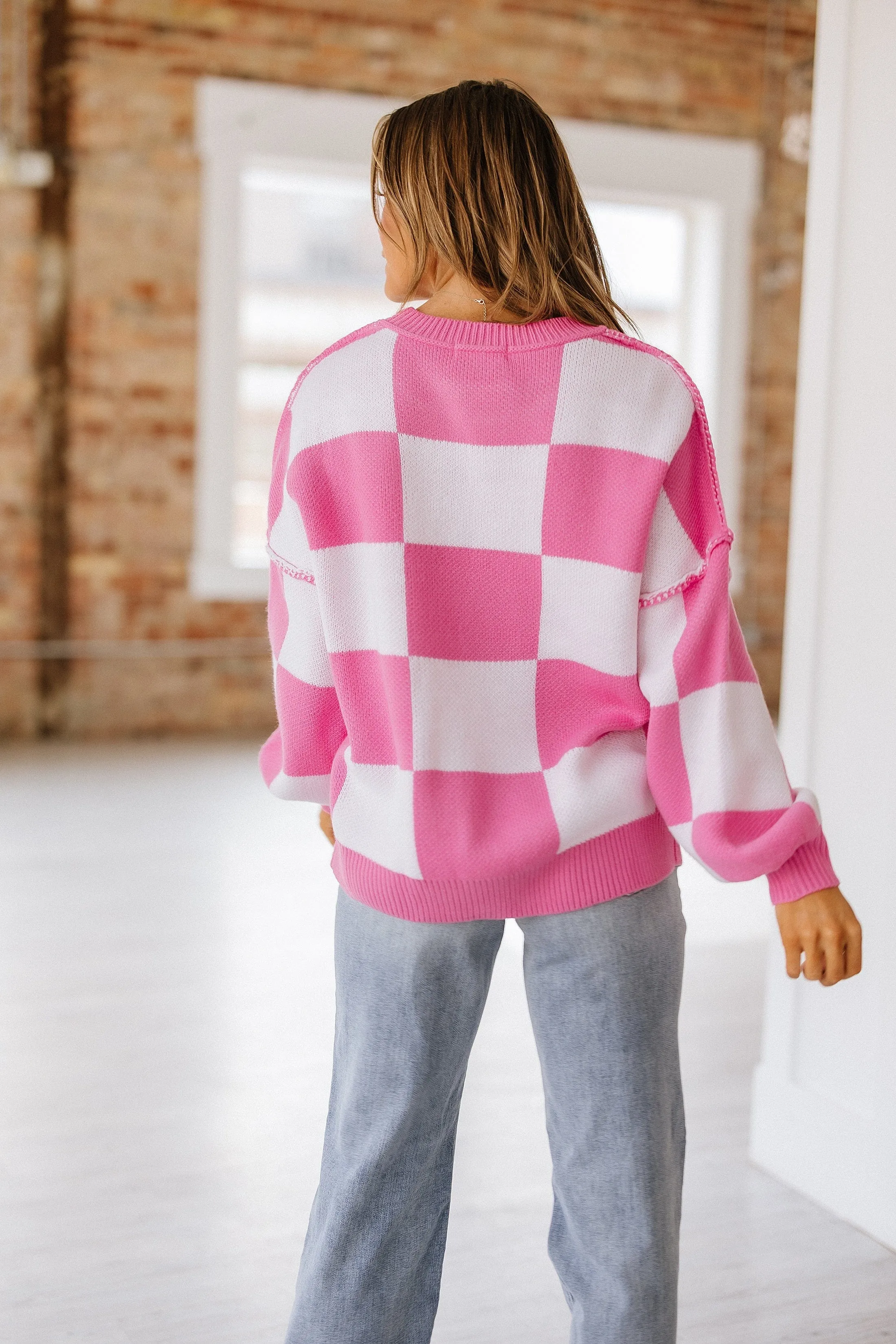 Checkered Bishop Sleeve Sweater