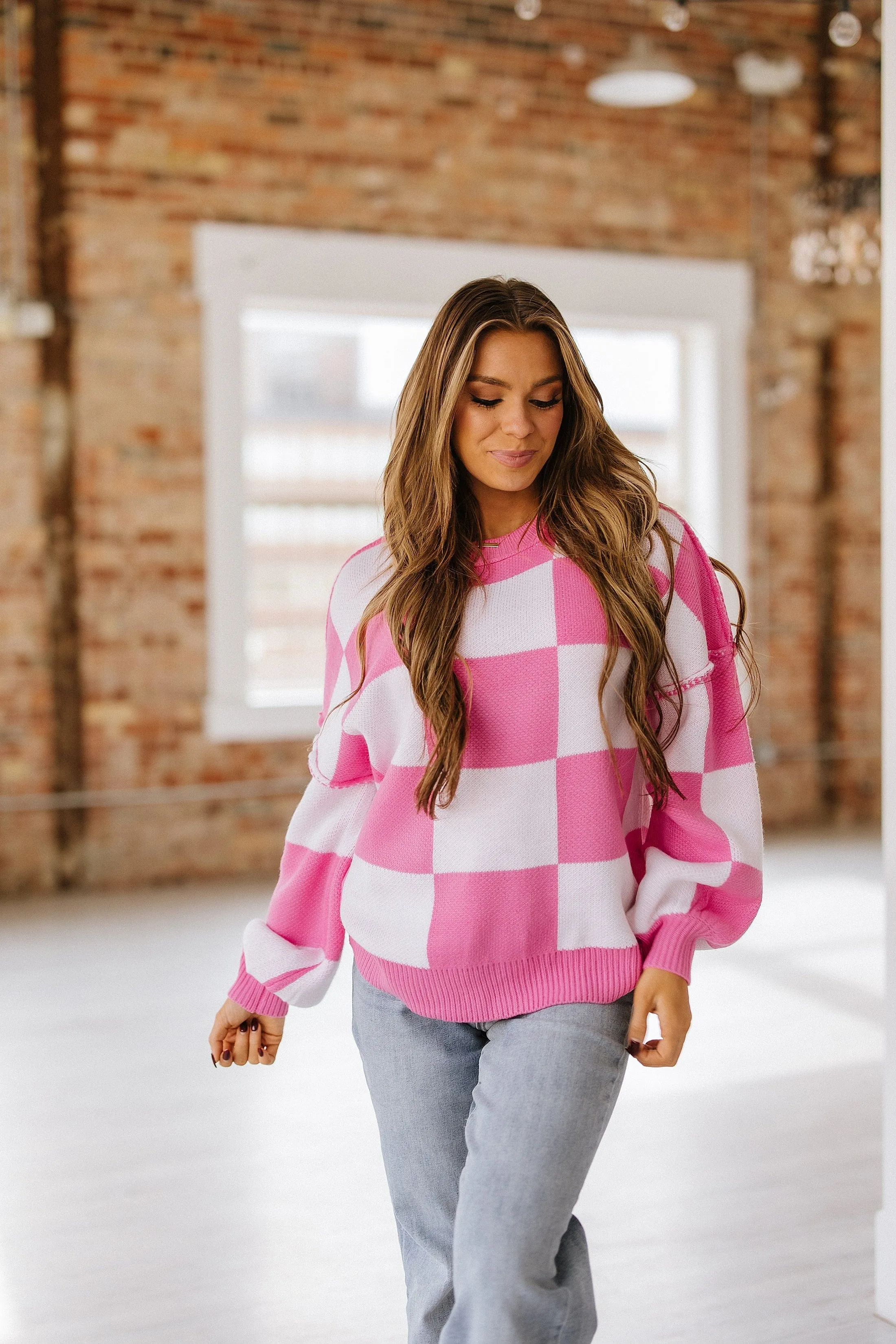 Checkered Bishop Sleeve Sweater