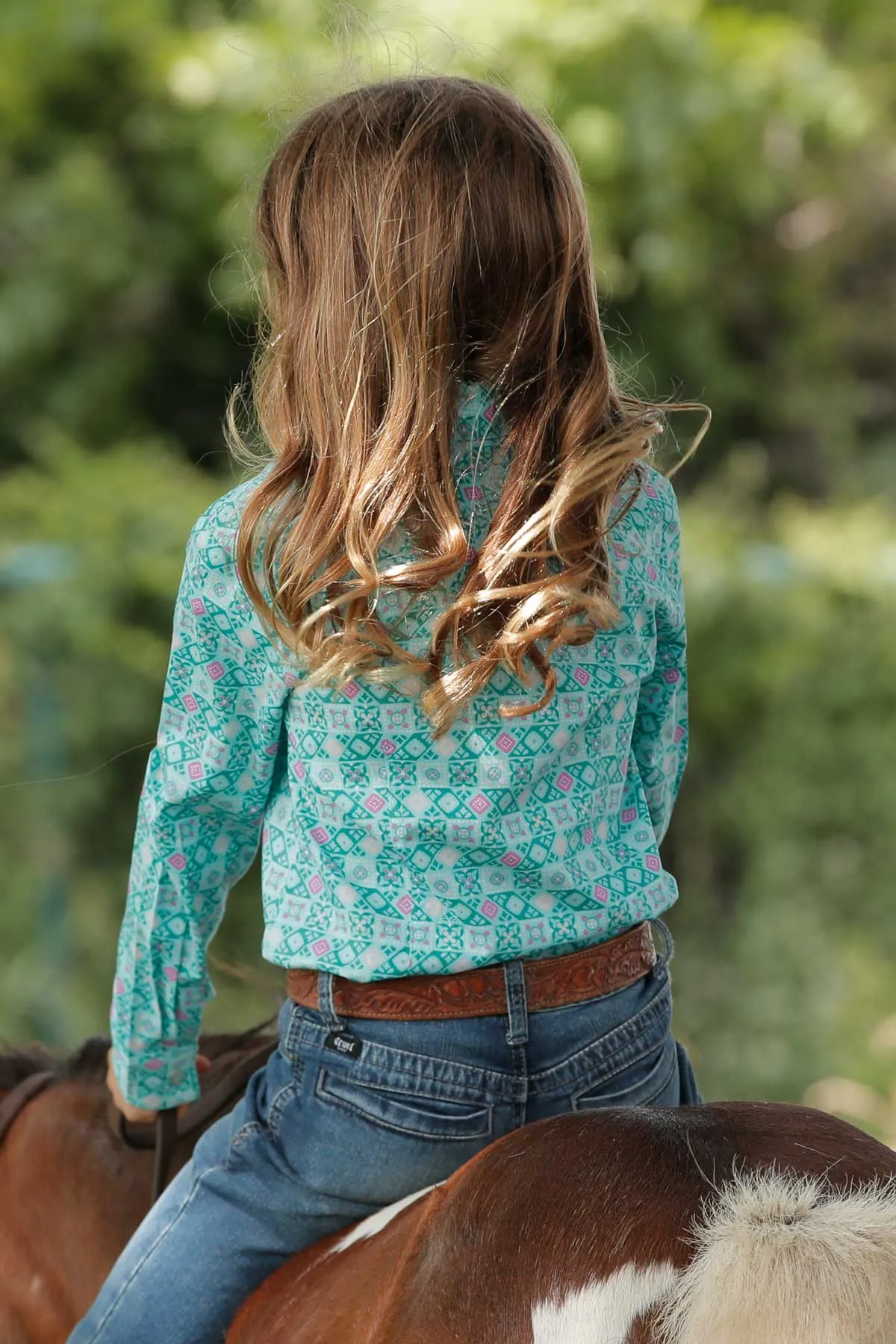 Cruel Girl's L/S Floral Geometric Western Button Down Shirt in Turquoise