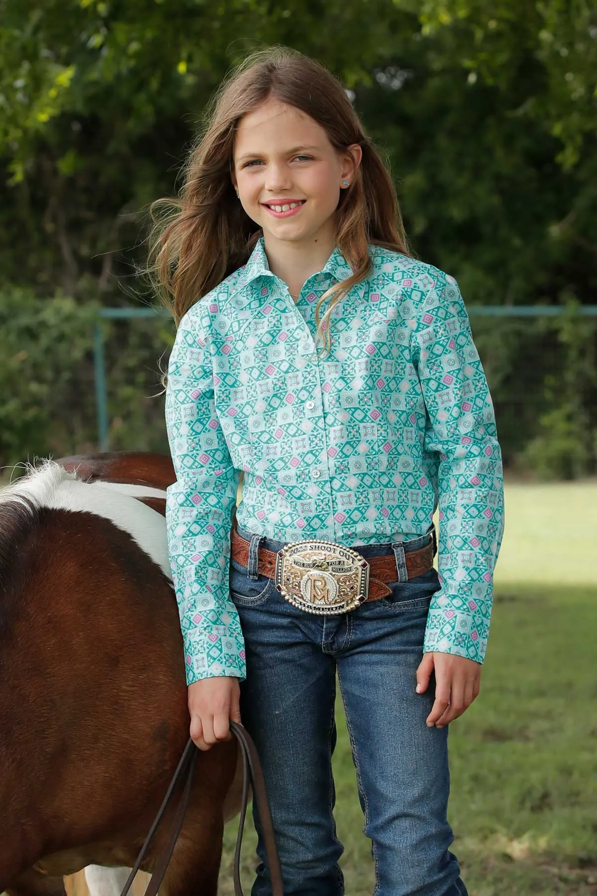 Cruel Girl's L/S Floral Geometric Western Button Down Shirt in Turquoise