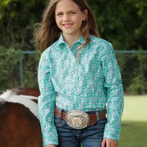 Cruel Girl's L/S Floral Geometric Western Button Down Shirt in Turquoise