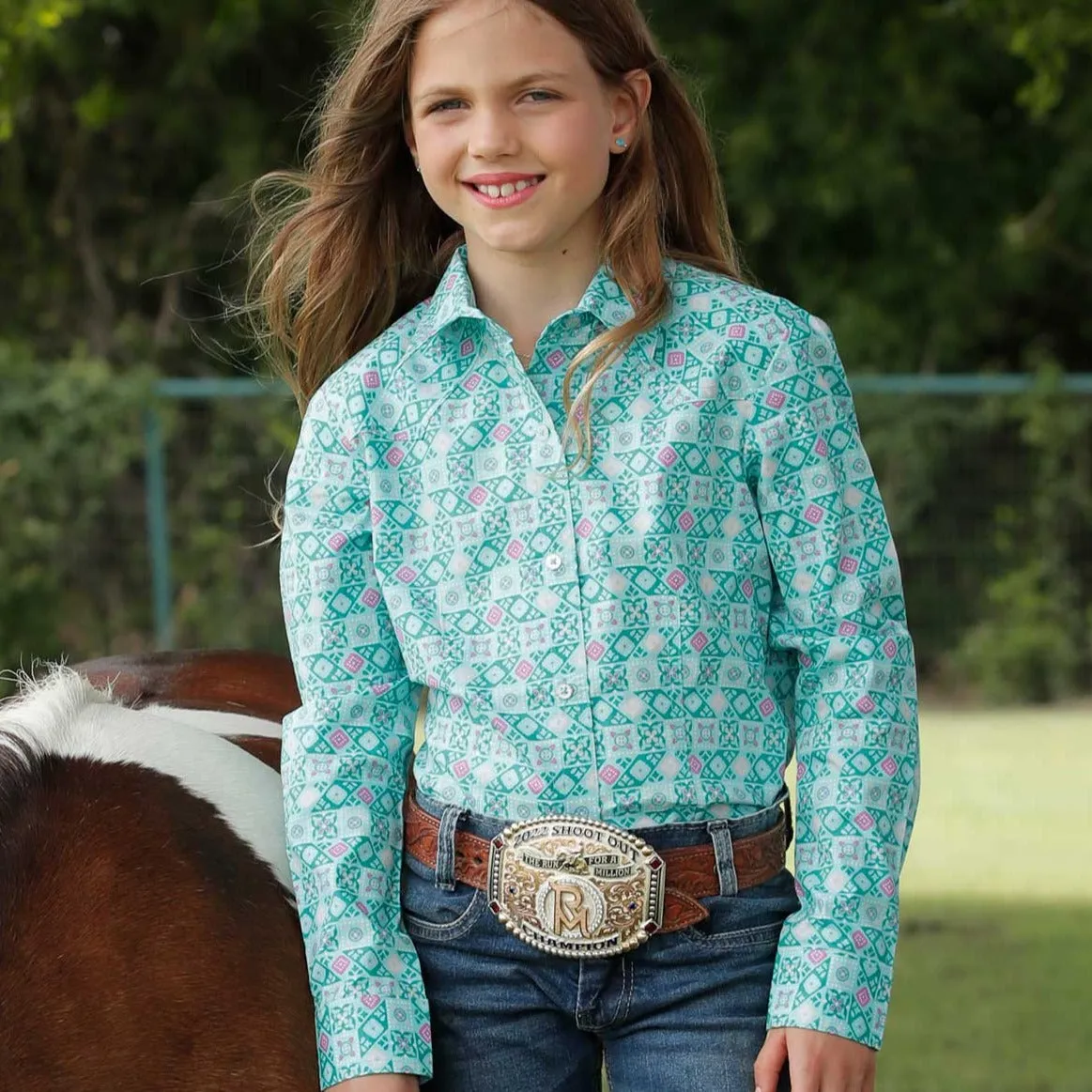 Cruel Girl's L/S Floral Geometric Western Button Down Shirt in Turquoise