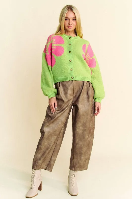 Davi & Dani Lime Flower Contrast Round Neck Long Sleeve Button Down Cardigan