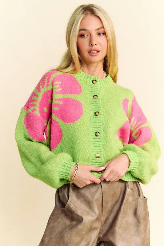 Davi & Dani Lime Flower Contrast Round Neck Long Sleeve Button Down Cardigan