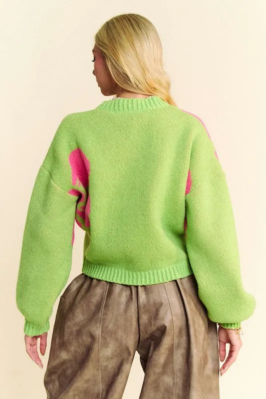 Davi & Dani Lime Flower Contrast Round Neck Long Sleeve Button Down Cardigan