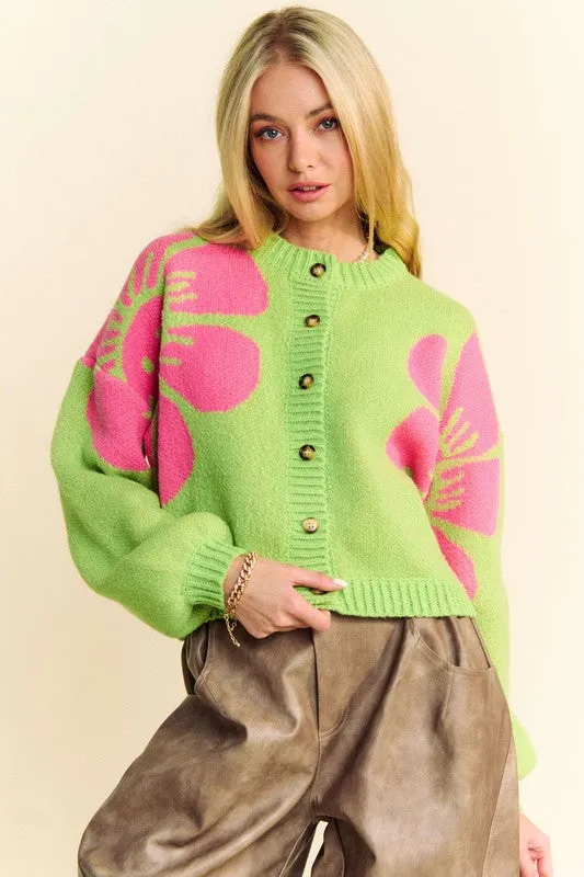 Davi & Dani Lime Flower Contrast Round Neck Long Sleeve Button Down Cardigan