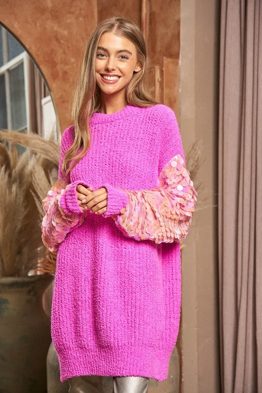 Davi & Dani Sequin Sleeve Sweater Knit Tunic Top